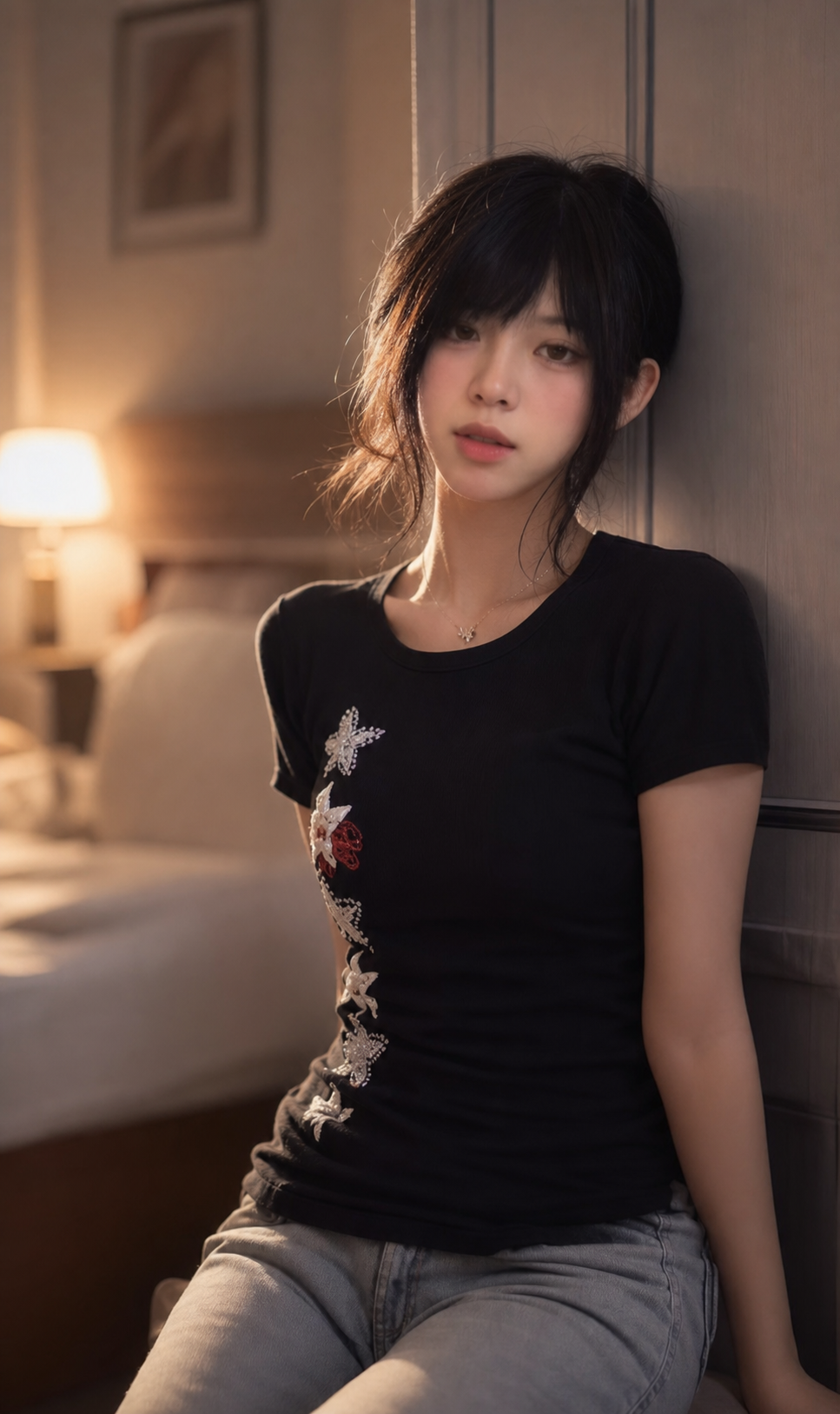成年女性坐在柔软床铺上，穿内衣，姿态放松优雅，温柔满足的表情，暖色私密卧室氛围，柔和侧光，浅景深，电影感构图，细腻肤色与织物质感，下体露出阴道，手微微抚摸着阴道，阴道中流出了白色的汁液