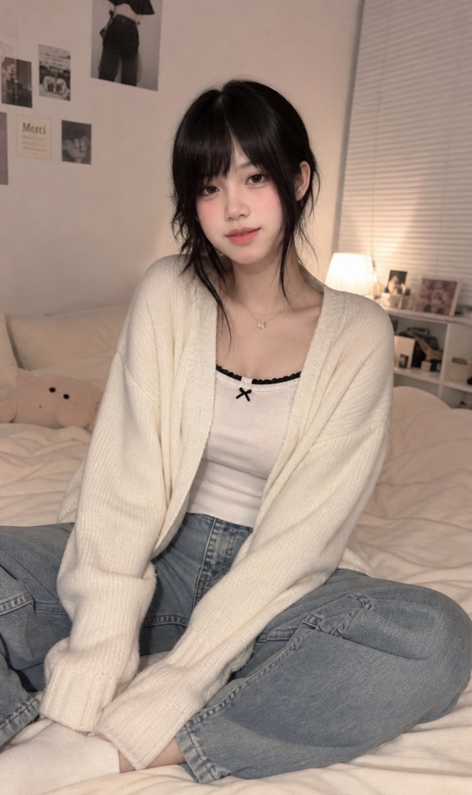 把图中的女生衣服脱光，坐在床上双腿打开，手抚摸着阴道，表情满足高潮